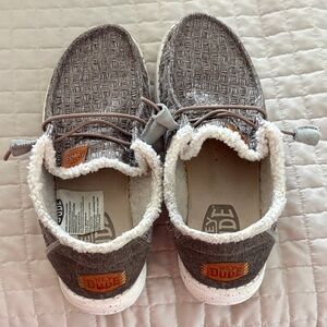 Hey Dude Grey Woven Slip-Ons with Cream Sherpa Lining